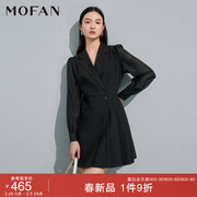 MOFAN摩凡2024春款时髦优雅黑色西装裙设计感收腰百褶连衣裙显瘦