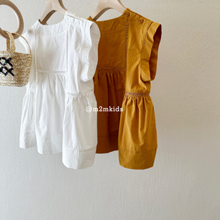 韩系2024夏季女童橙色白色，简约ins儿童无袖，薄款镂空衬衫