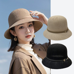 防晒帽子女款2024春夏渔夫帽，可折叠时尚显年轻遮阳帽编织草帽