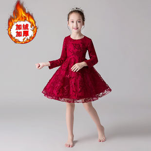女童礼服公主裙长袖加厚冬季花童，婚纱小主持人儿童钢琴演出服红色