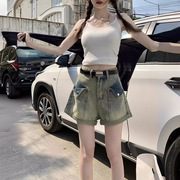 2024年夏季韩版高腰卷边直筒，阔腿翻边口袋牛仔短裤女