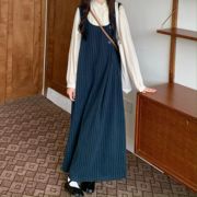 日系复古裙子套装女秋冬2023条纹背带连衣裙长袖衬衫两件套