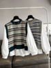 秋冬韩国时尚假两件衬衫，拼接复古毛衣女士，圆领针织打底衫上衣