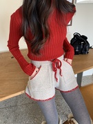 韩国东大门女装2024春冬时尚显瘦高腰系带雪花图案针织短裤女