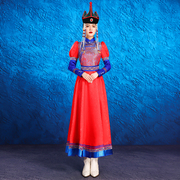 蒙古长袍大裙摆红色拼接长袖舞蹈服少数民族风艺考演出服饰连衣裙