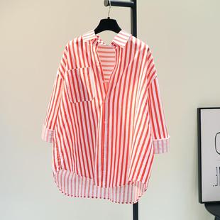 红色条纹棉麻衬衫女夏季新韩范蝙蝠袖，宽松休闲衬衣防晒衣开衫
