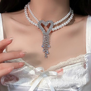 欧美夸张镶钻爱心流苏，珍珠项链时尚气质锁骨，链复古高级感项饰