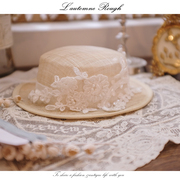 laceshabby法式复古镂空蕾丝，珍珠花朵平顶，森系儿童帽子时装帽