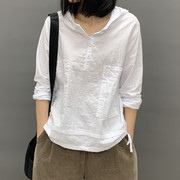 韩版女装t恤帽衫2023长袖，纯棉布t恤衬衣，宽松棉麻文艺复古上衣外套