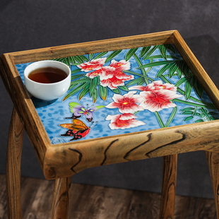 洛邑烧陶瓷镶嵌老榆木中式家具折叠边几花架小茶几瓷板画