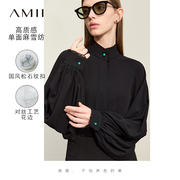 amii2024春对丝花边立领插肩袖，灯笼袖雪纺，衫女仿松石扣上衣