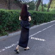 polo领短袖t恤长裙港风复古修身显瘦灰色开叉连衣裙子女