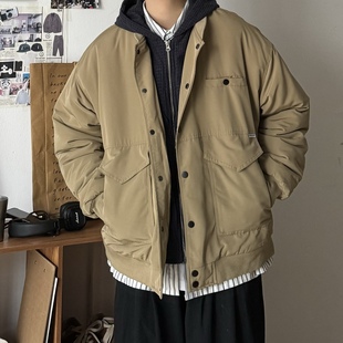 B东日系男装宽松复古假两件棉服拼接设计大口袋拉链棉袄棉服外套