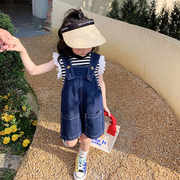 女童夏装套装2023韩版时髦牛仔背带裤儿童女宽松洋气短袖上衣