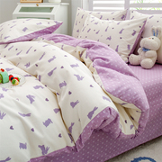 小清新紫色纯棉四件套100全棉ins波点床单，被套北欧风少女床上用品