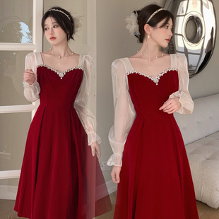 红色法式伴娘服女2024冬季长袖婚礼仙气姐妹团礼服平时可穿