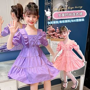 女童连衣裙夏装2024韩版夏季娃娃领棉布裙子，中大童时髦公主裙