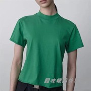 女士外贸TR绿色白色黑色红色简约圆领舒适卷边纯色夏季短袖T恤衫