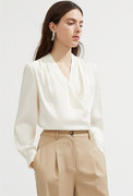 朗姿法式米白色v领上衣士，春日衬衫法式长袖褶皱衬衣女高级感