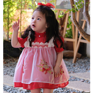 粗腿女童夏季日常蔷薇花束，娃娃裙衫红色，短袖vtg可爱幼儿园宽松