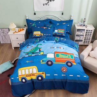 卡通儿童四件套纯棉男孩，汽车蓝色1.5全棉被套，1.2米床笠款床上用品