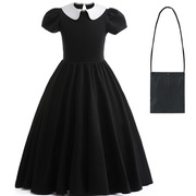 女童cosplay亚当斯一家星期三黑色礼服裙娃娃领短袖连衣裙