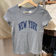 Brandy BM美式New york字母印花上衣bm高腰纯棉正肩短袖t恤女