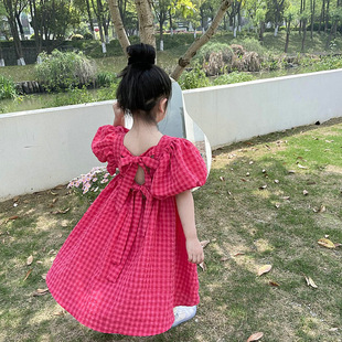 韩国女童方领裙子泡泡袖亮色格子系带连衣裙背系带公主裙2023夏装