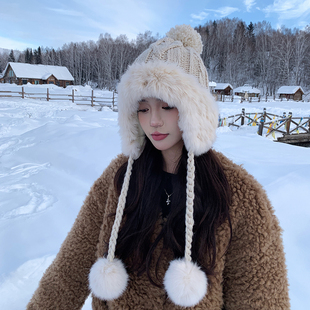 秋冬出游韩版毛线帽加厚加绒针织，保暖护耳帽可爱兔毛毛球女士帽子