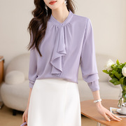 白领哥弟新法式(新法式)优雅设计荷叶飘带紫色长袖，衬衫女气质通勤雪纺衬衣