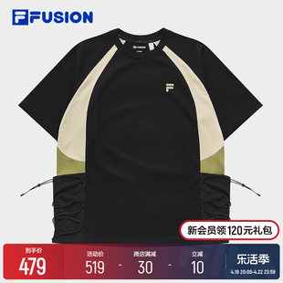 FILA FUSION斐乐潮牌男子针织短袖衫2024春季撞色拼接纯棉T恤