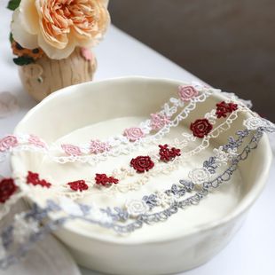 双色彩色刺绣花边 蔷薇花朵波浪蕾丝服装旗袍包包帽沿DIY制作材料
