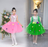 儿童女童黄绿色(黄绿色)演出服连衣裙长袖公主裙，小学生蓬蓬纱裙表演服