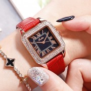 士手表潮流玫瑰玫金壳复古真皮表带，女时尚方形石英国产腕表