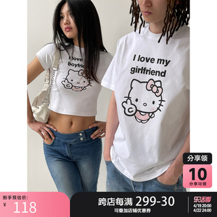 粉红蘑菇hellokitty情侣装t恤短袖，女男夏白色(夏白色)上衣设计感小众