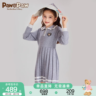PawinPaw卡通小熊童装2024年春季女童学院风淑女长袖连衣裙