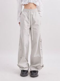 白色工装裤女美式高街设计感休闲潮流运动裤子宽松阔腿排扣长裤潮