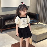女童短裙套装夏季2023韩范休闲卡通T恤洋气时髦裙子两件套