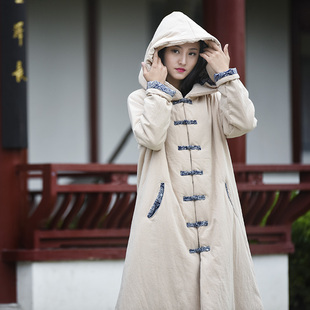 中国风棉衣女2024冬季长款棉麻，夹棉带帽长袍加厚保暖复古斗篷外套