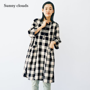 sunnycloudsshuttlenotes日本面料女式麻棉，黑白格连衣裙