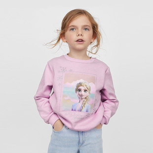 女童卫衣粉紫色公主，2022欧美春秋纯棉休闲上衣小童洋气套头衫
