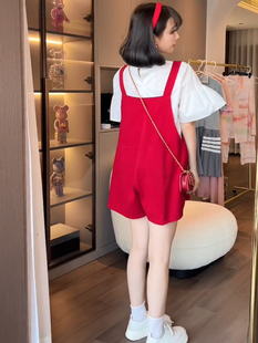 销孕妇夏装背带裤套装小个子红色韩版2022夏款减龄潮孕妇装两件品