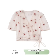 5折法式玫瑰花刺绣V领衬衫女设计感小众泡泡袖网纱上衣