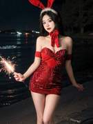 兔女郎网红法式高级感珠片抹胸裙紧身显瘦主播性感制服连衣裙套装