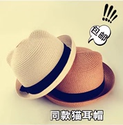 儿童遮阳草帽女童韩国明星同款可爱猫耳朵卷边礼帽防晒出游亲子帽