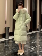 绿色中长款羽绒棉服女2023年冬季韩系大毛领小众加厚棉衣外套