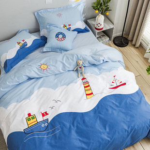 卡通四件套纯棉床上用品儿童绣花被套床单4件套全棉被单蓝色海洋
