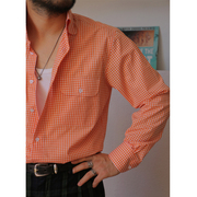 Plan B意式橙色格子温莎领长袖衬衫vintage复古一字领休闲衬衫男