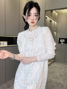 RR fashion 长袖连衣裙女2024夏季法式蕾丝钩花镂空直筒长裙