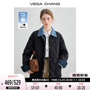 VEGA CHANG羽绒服外套女2023年冬牛仔拼接菱格保暖外套ins潮